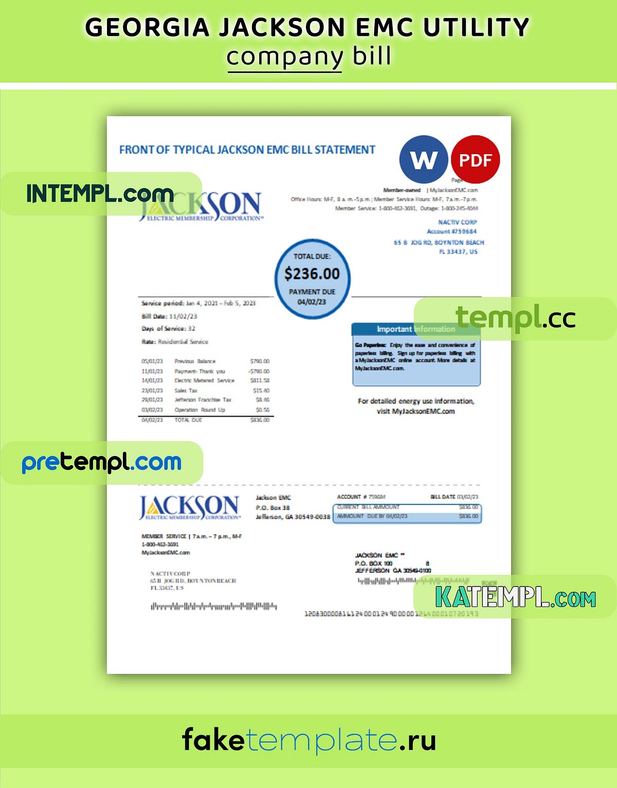 Georgia Jackson Emc Business Utility Bill Word And Pdf Template By Intemplbusinessbill Dec 9353