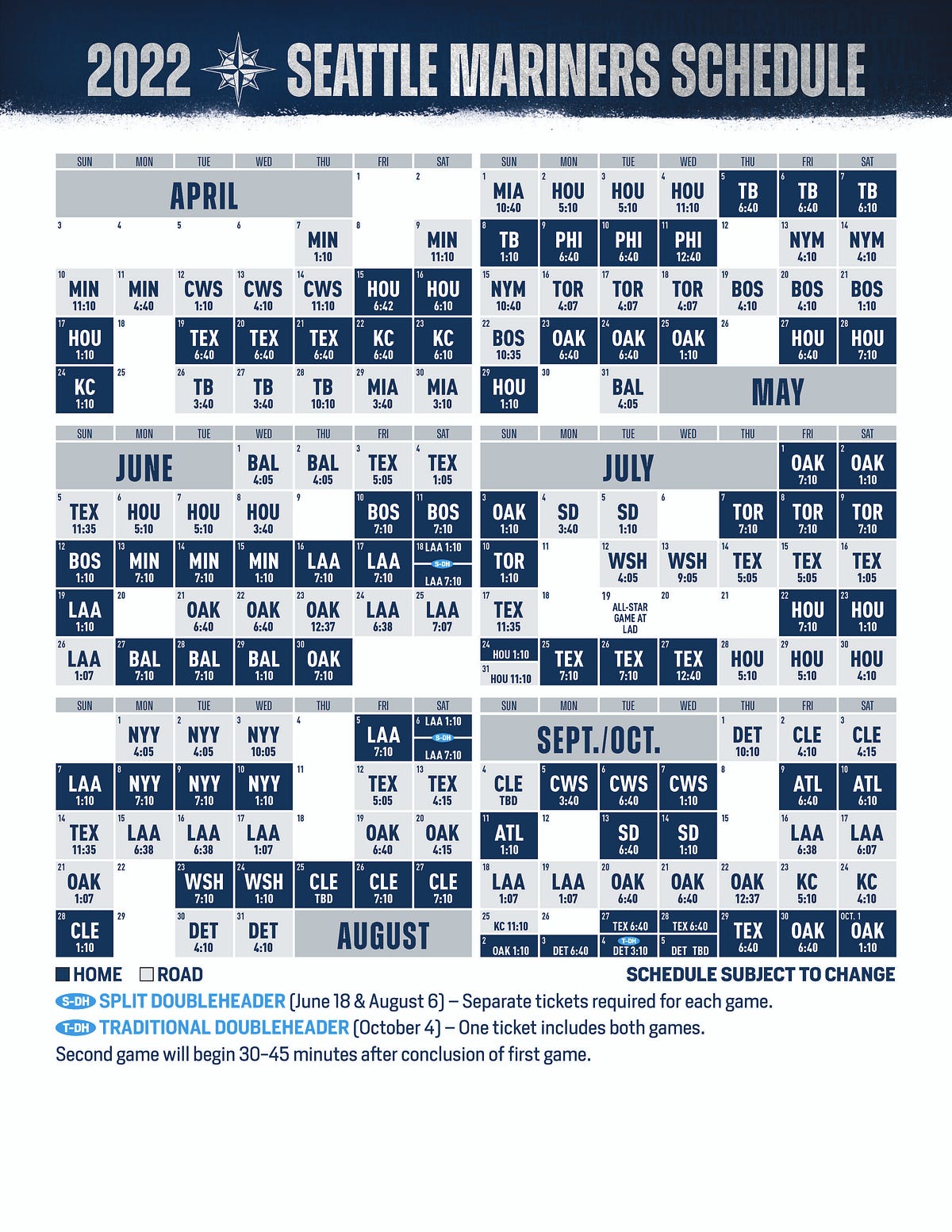 Mariners Announce Updated 2022 Schedule, by Mariners PR