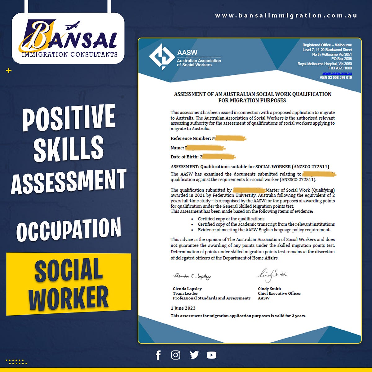 Our client has received a positive Skills Assessment from the Australian Association of Social