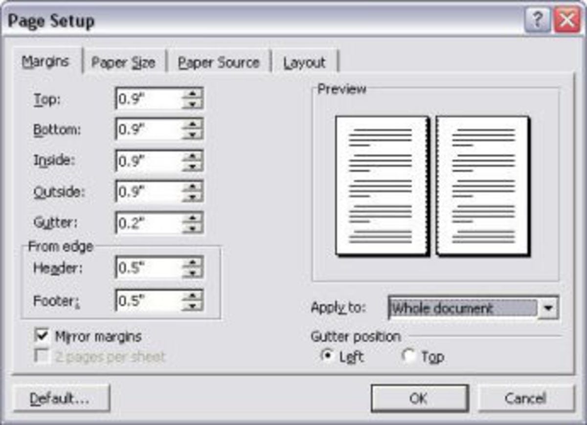 Screen image of my MS Word Page Setup. I prefer to use 0.9" for all margins. Almost 1 inch. Plus an extra half-inch for the header and footer to allow room for the headings and page numbers. Note how I also specified an extra 0.2" for the gutter.
