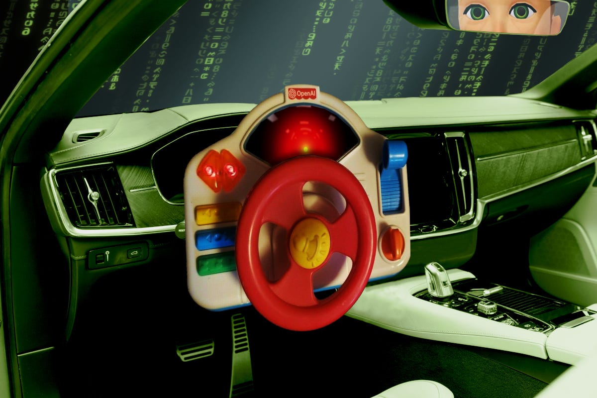 The interior of a car, tinted cyberpunk green. The car’s steering wheel has been replaced with a vintage Fisher Price steering wheel toy, which has been modified so that the malignant eye of HAL 9000 from Stanley Kubrick’s ‘2001: A Space Odyssey’ glares out of it, and the Fisher Price logo has been replaced with the Openai wordmark. Through the windscreen rains down a ‘code waterfall’ effect as seen in the credit sequences of the Wachowskis’ ‘Matrix’ movies. In the rear-view mirror, we see the r