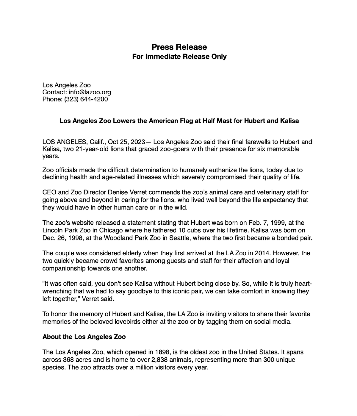 Press Release — LA Zoo. Press Release by Jennifer Yin Oct, 2023