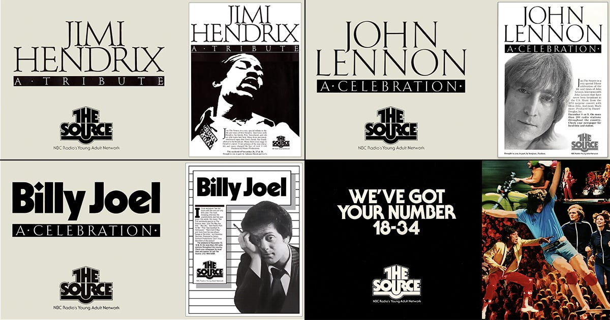 The Source (NBC Radio): An early experiment in youth-oriented audio branding, reflecting NBC’s multi-platform ambitions ahead of its time. Design, Art Direction, Creative Directions: Vazken Kalayjian. Executive Leadership: Mike Mohamad, Charles Blake, Elaine Zeitsoff. Department: NBC Network Advertising, On-Air Promotion and Marketing. Lettering: Tom Carnase.