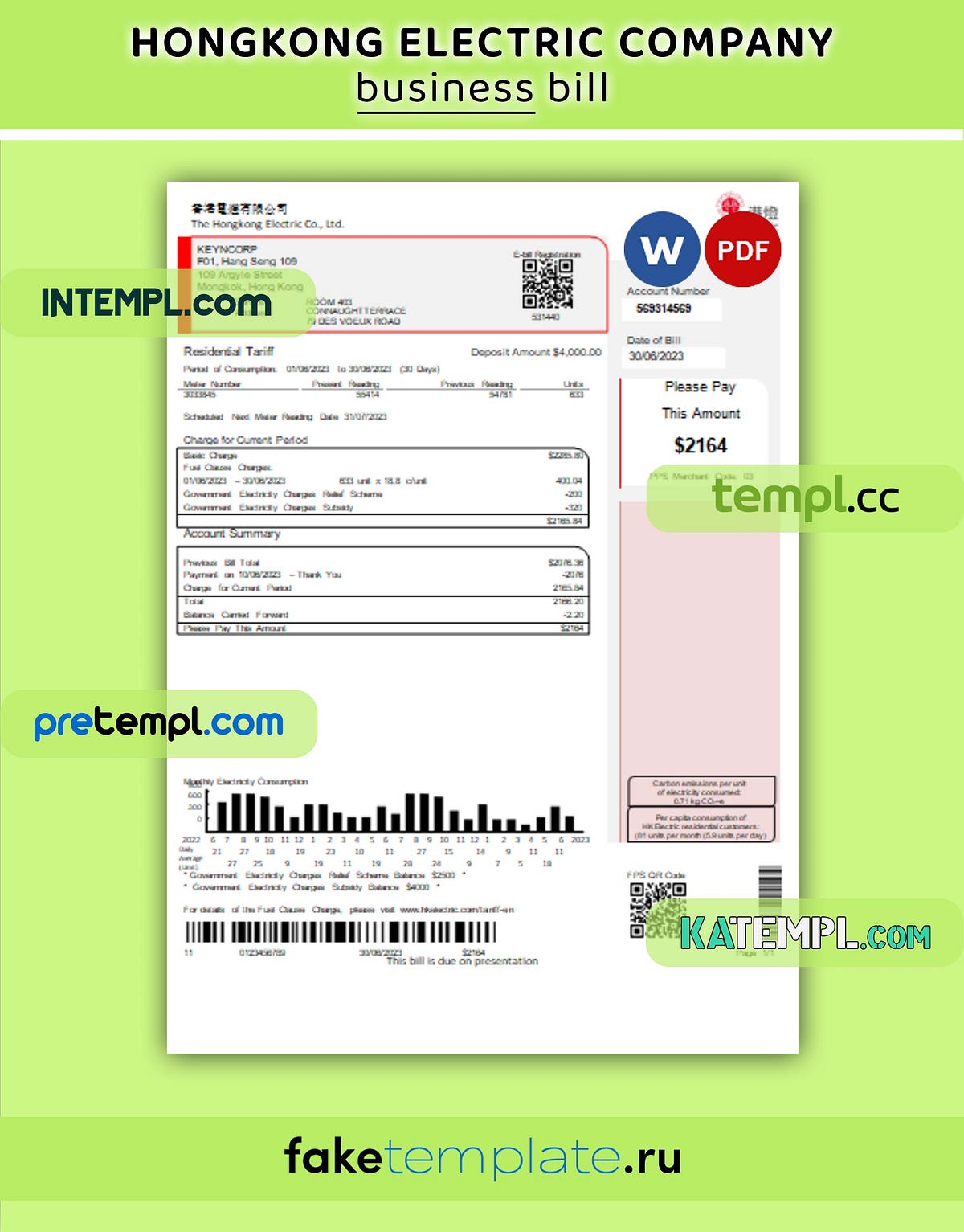 Hongkong Electric Company business utility bill, Word and PDF template ...