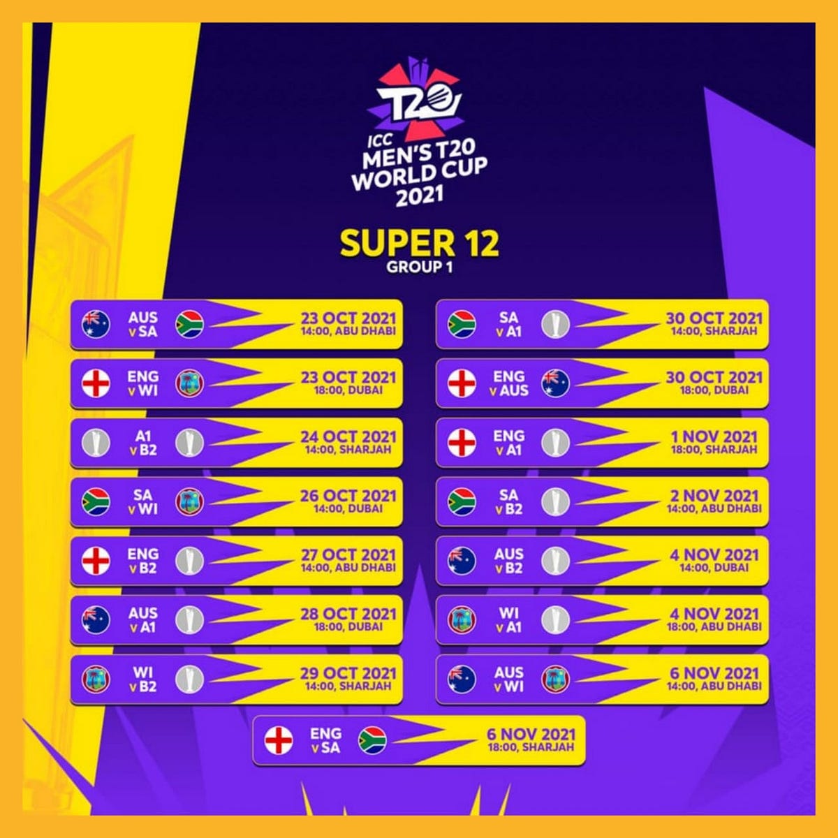 ICC Men T20 World Cup 2021 Group 1 Schedule SMN Sports Medium