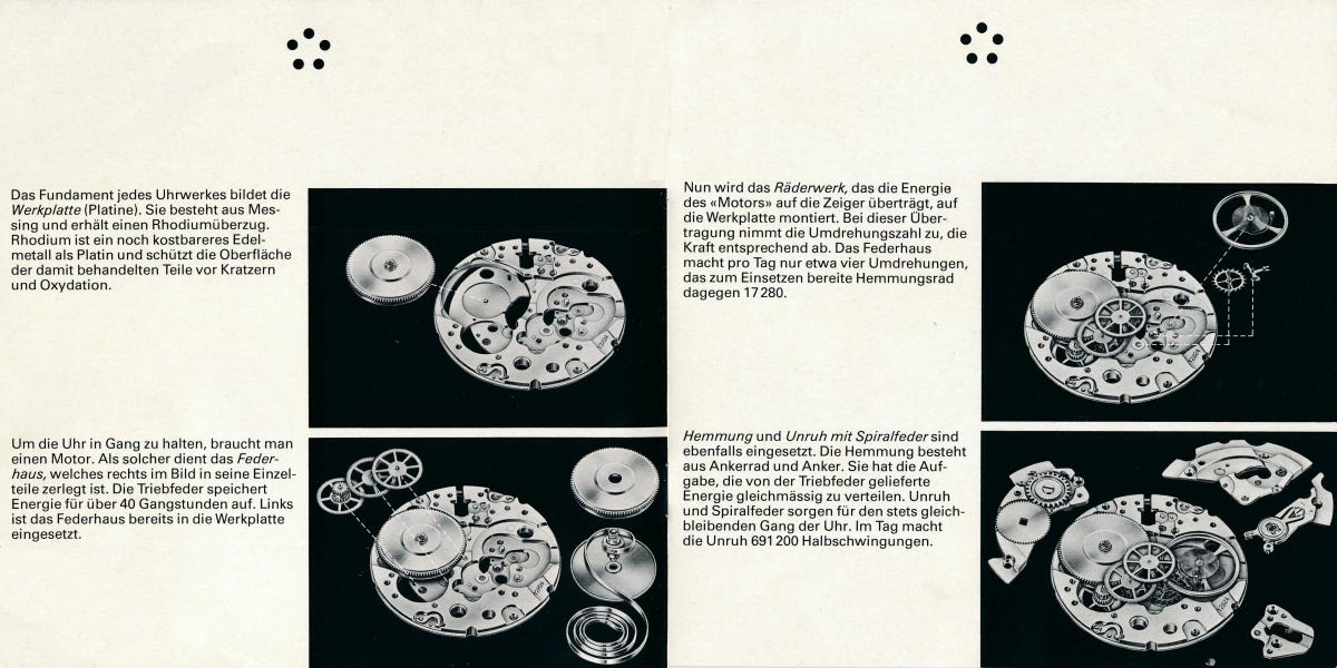 Eterna brochure around 1960s, which showcased a 12824 movement (Eterna’s version of ETA 2824?) with its gear train design. (Source)