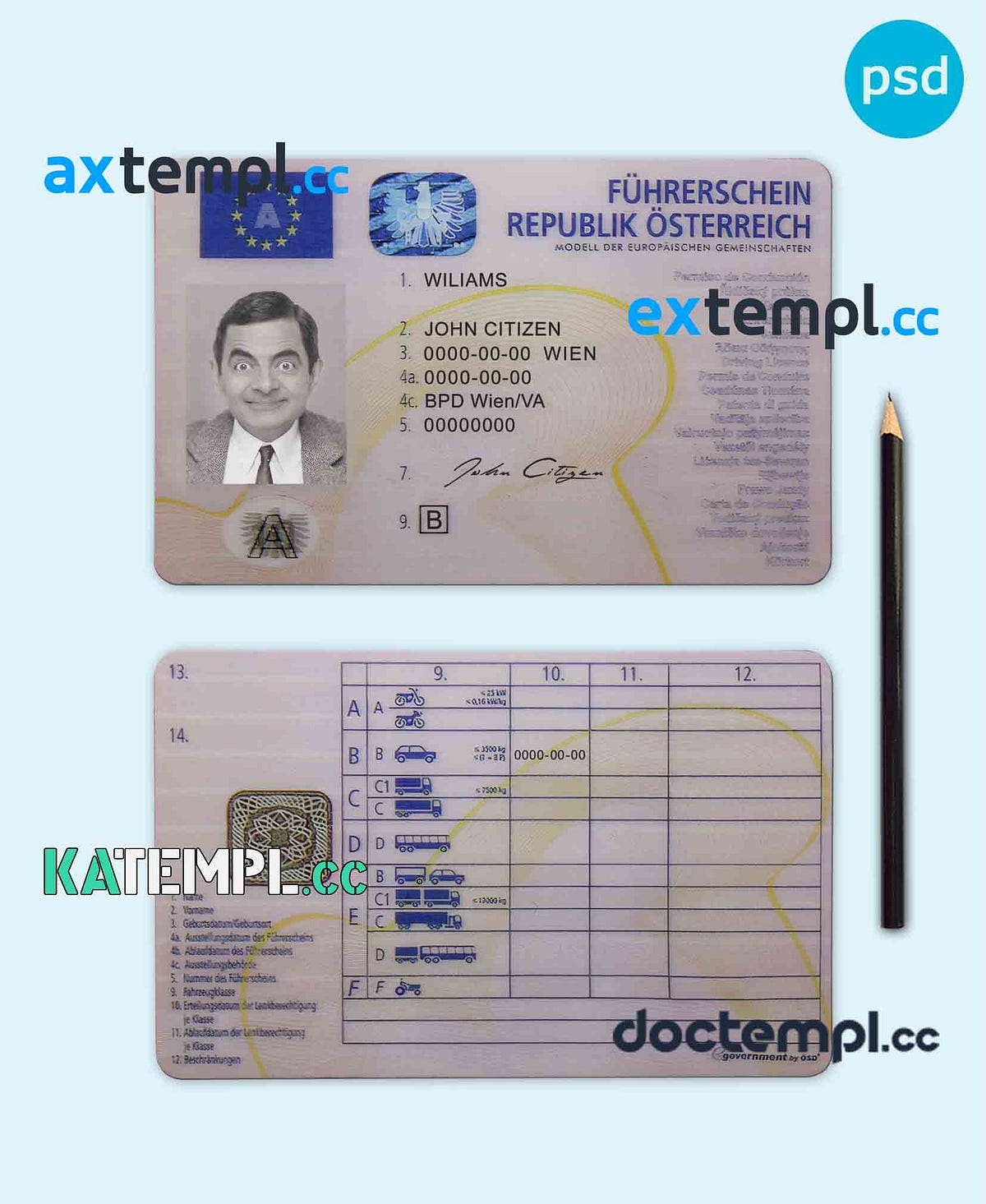 sample Austria driving license template in PSD format, fully editable