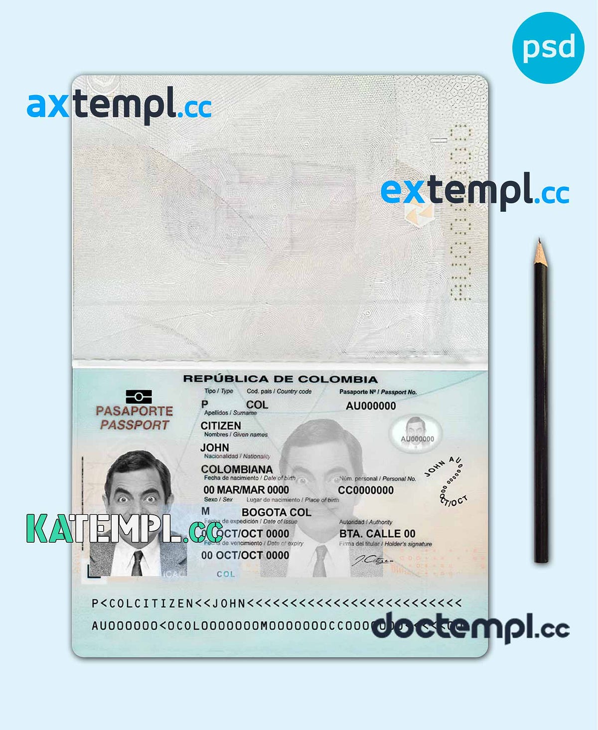 sample Colombia passport template in PSD format, fully editable, 2018