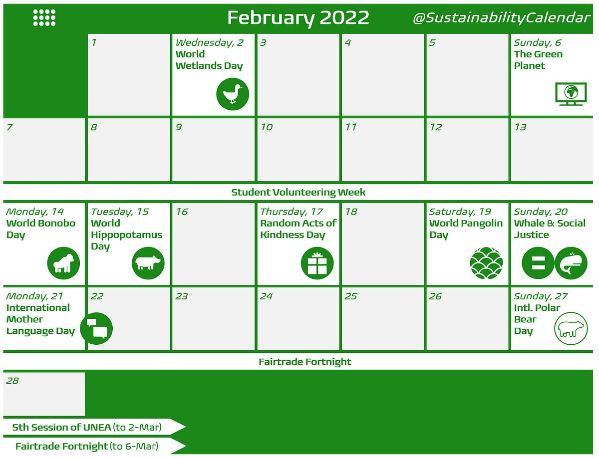 Sustainability Calendar — What’s happening in February 2022 by Kevin