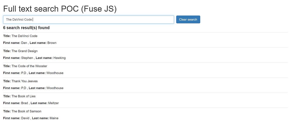 Fulltext search using Fuse.js. Full text seach, javascript full text