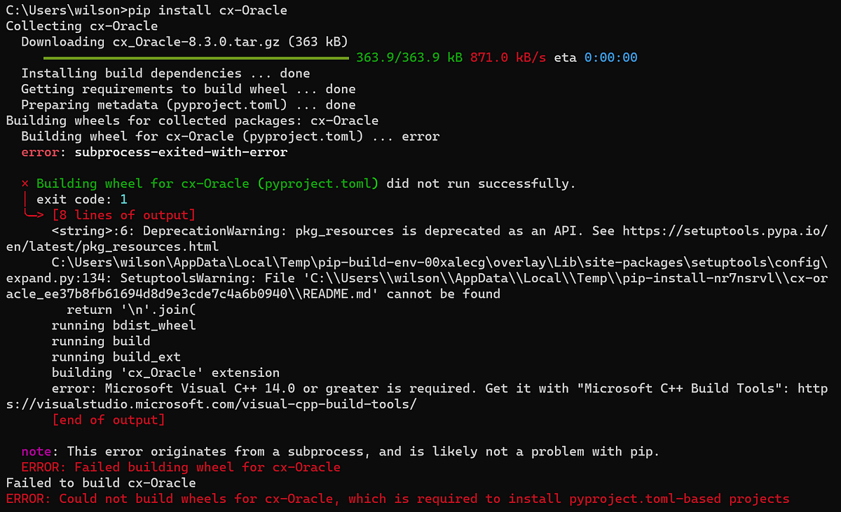 Python 3.11.4安裝cx-Oracle 8.3.0解決ERROR: Failed building
