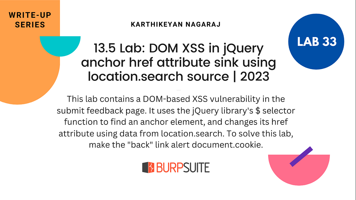 13.5 Lab: DOM XSS in jQuery anchor href attribute sink using  location.search source | 2023 | by Karthikeyan Nagaraj | Medium