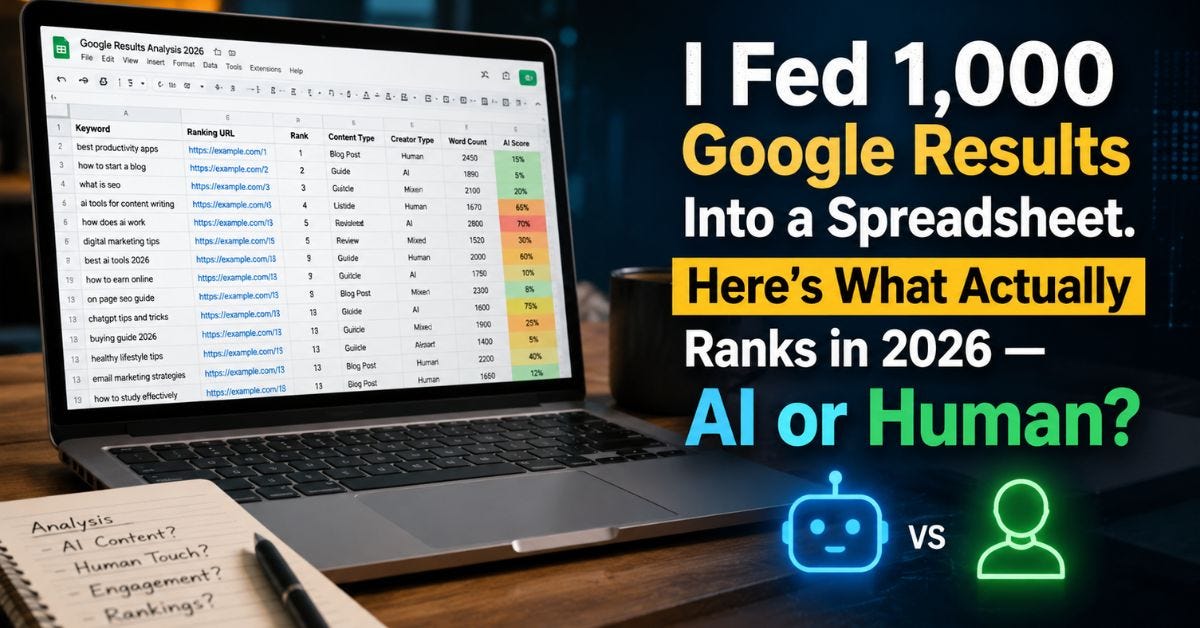I Fed 1,000 Google Results Into a Spreadsheet. Here’s What Actually Ranks in 2026 — AI or Human?