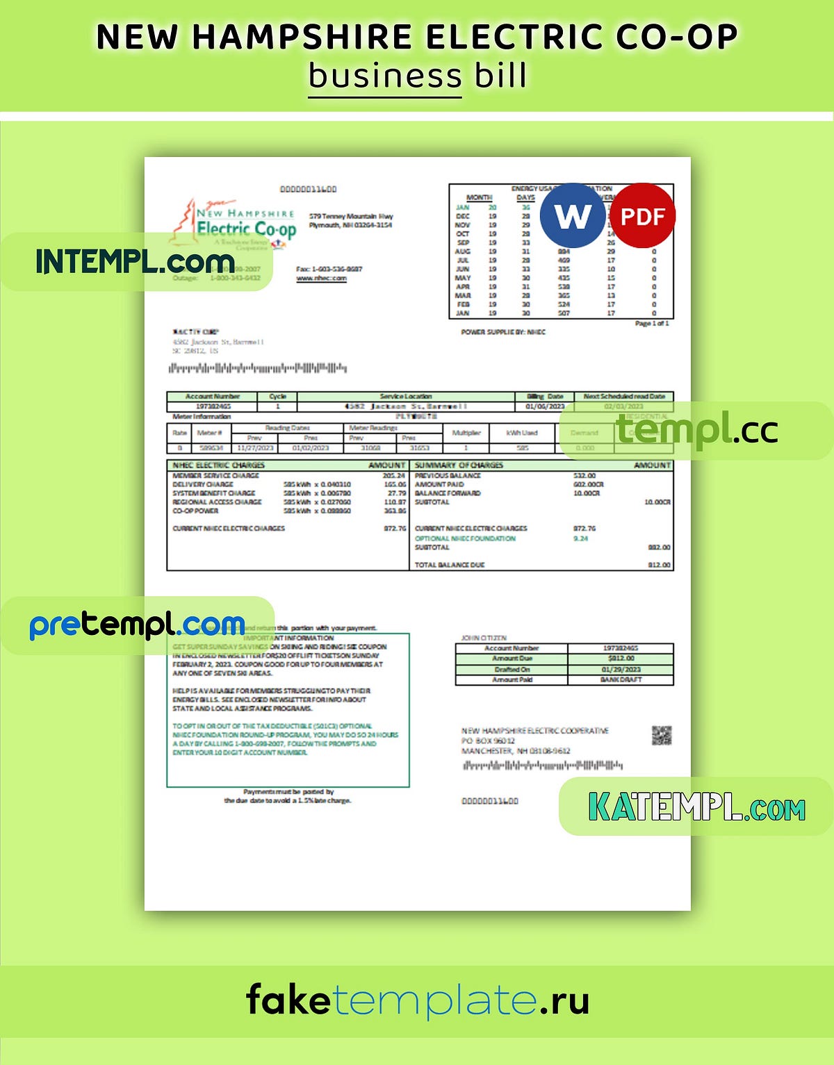 New Hampshire Electric Coop electricity business utility bill, Word and PDF template by
