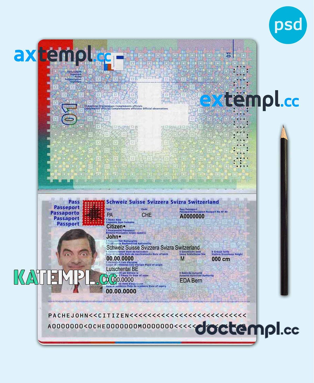 sample Switzerland passport template in PSD format, fully editable, with all fonts download by
