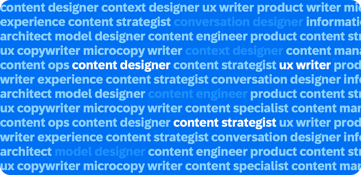 A dense, repeating word cloud of content role titles on a blue background — content designer, UX writer, content strategist, conversation designer, information architect, content engineer, microcopy writer, content ops, product writer, and more — with several titles highlighted in white.