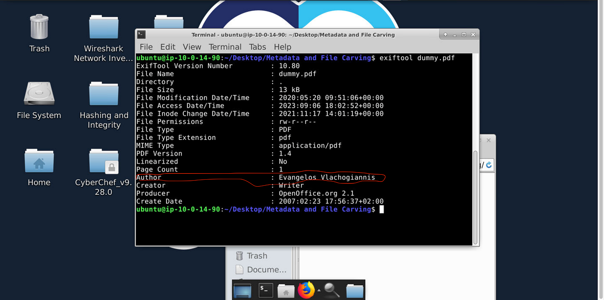 This lab I am retrieving metadata and recover deleted files using exiftool and scalpel. Hanif