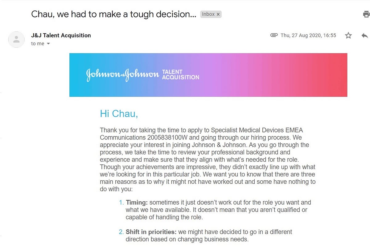 Johnson Johnson s Rejection Email Set The Bar For Other Companies 