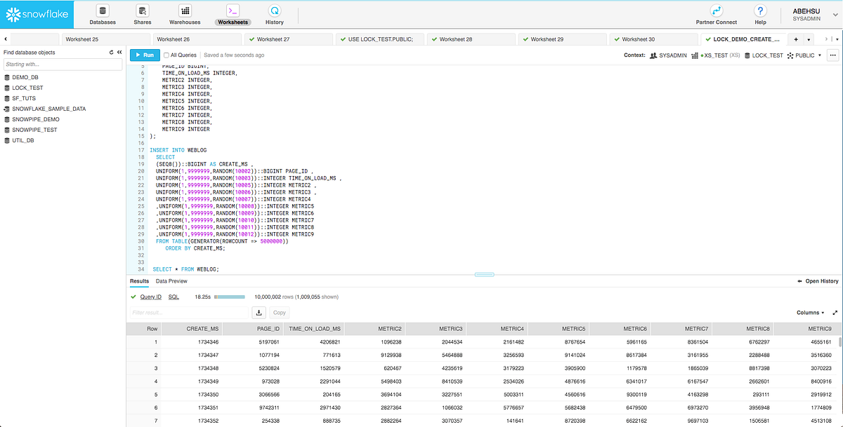 Snowflake Lock (test). Step1. Create table and Insert data by abehsu