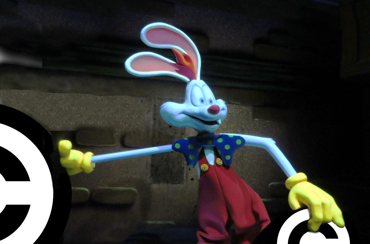 The final scene of Disneyland’s ‘Roger Rabbit’s Toontown Spin,’ in which Roger Rabbit is deploying a pair of portable holes; the holes have been replaced with copyright symbols, which are partially cropped. Image: Ken Lund (modified) https://www.flickr.com/photos/kenlund/16775732643/ CC BY-SA 2.0 https://creativecommons.org/licenses/by-sa/2.0/deed.en