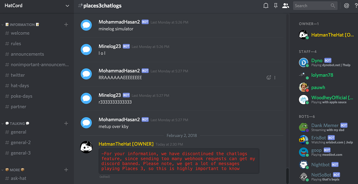 Discontinuing the Places Chatlogs Channel from the HatCord Discord | by ...
