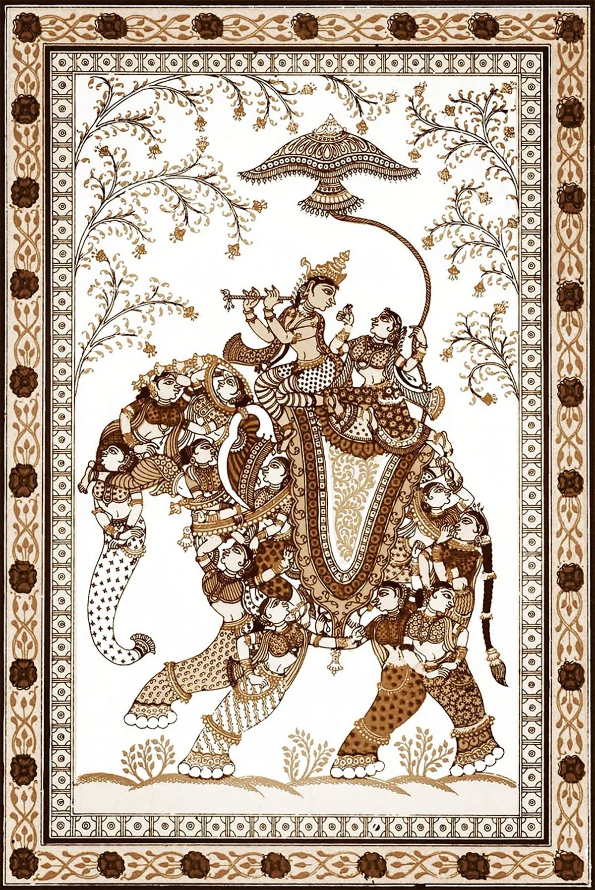 Krishna with Radha seated on Nari Gunjara/Kunjara (Image source- Pinterest/ https://in.pinterest.com/king_of_heart_007/)