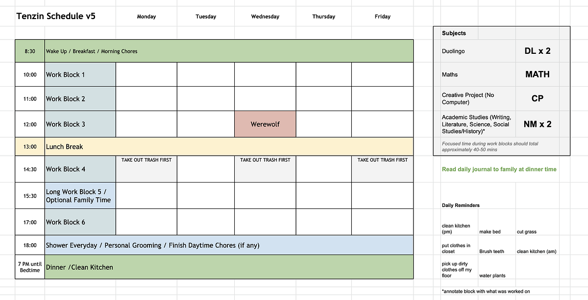 Version 5 of Tenzin’s Schedule. It’s now been over a month since we put ...