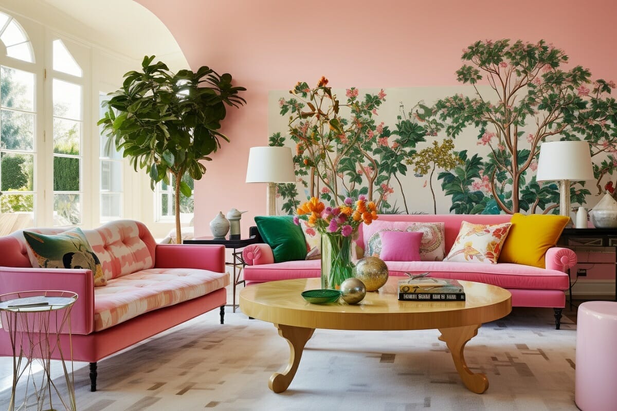 Fluffy plush pink couch in a room thats covered with plants and