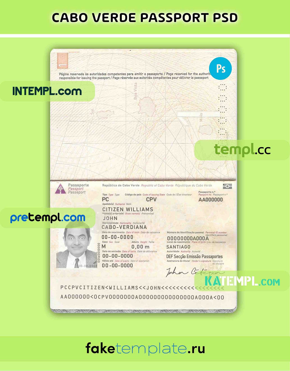 Cabo Verde passport PSD download template by Intempl passports Sep