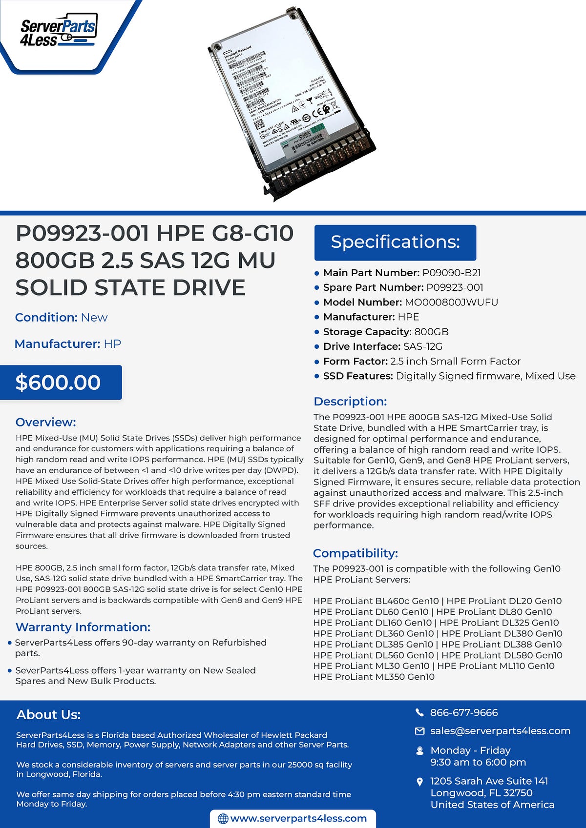 Buy P09923–001 HPE G8-G10 800GB 2.5 SAS 12G MU SOLID STATE DRIVE ...