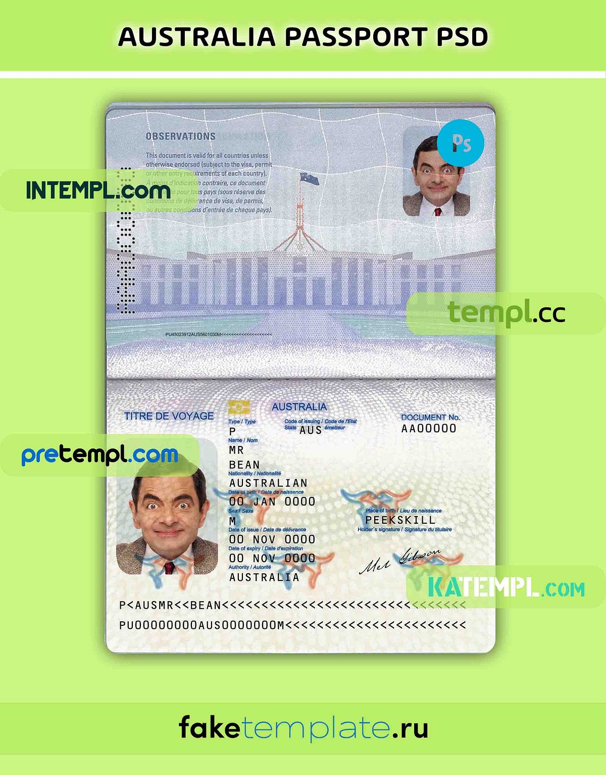 Australia passport PSD download template, (convention travel document