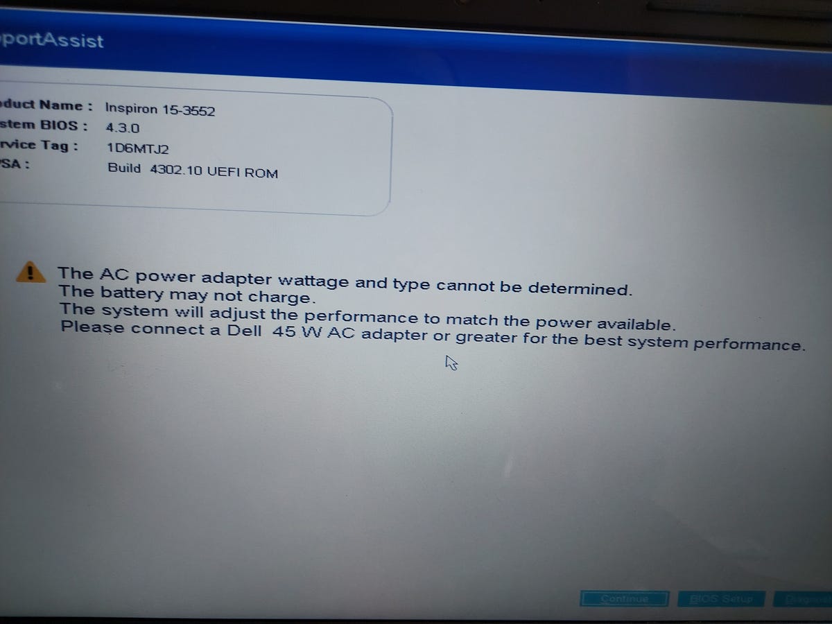 The AC power adapter wattage and type cannot be determined , DELL Fixed
