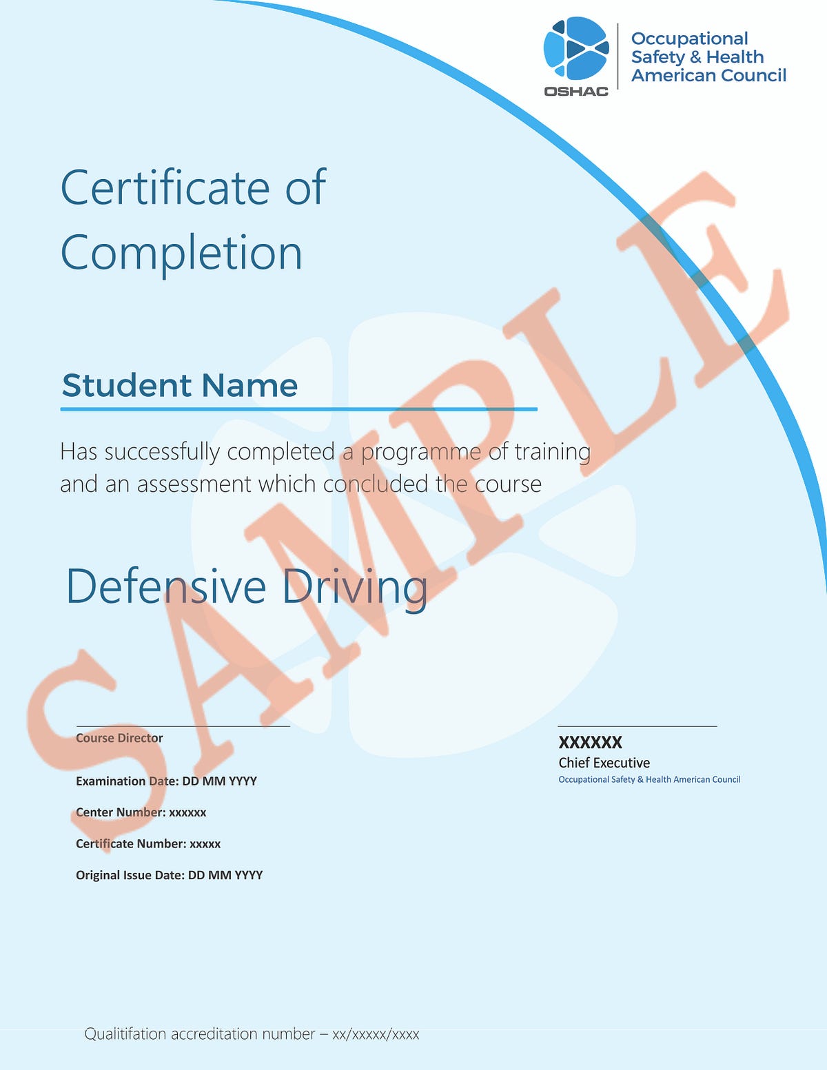 OSHAC Sample Certificate Defensive Driving by Oshac International