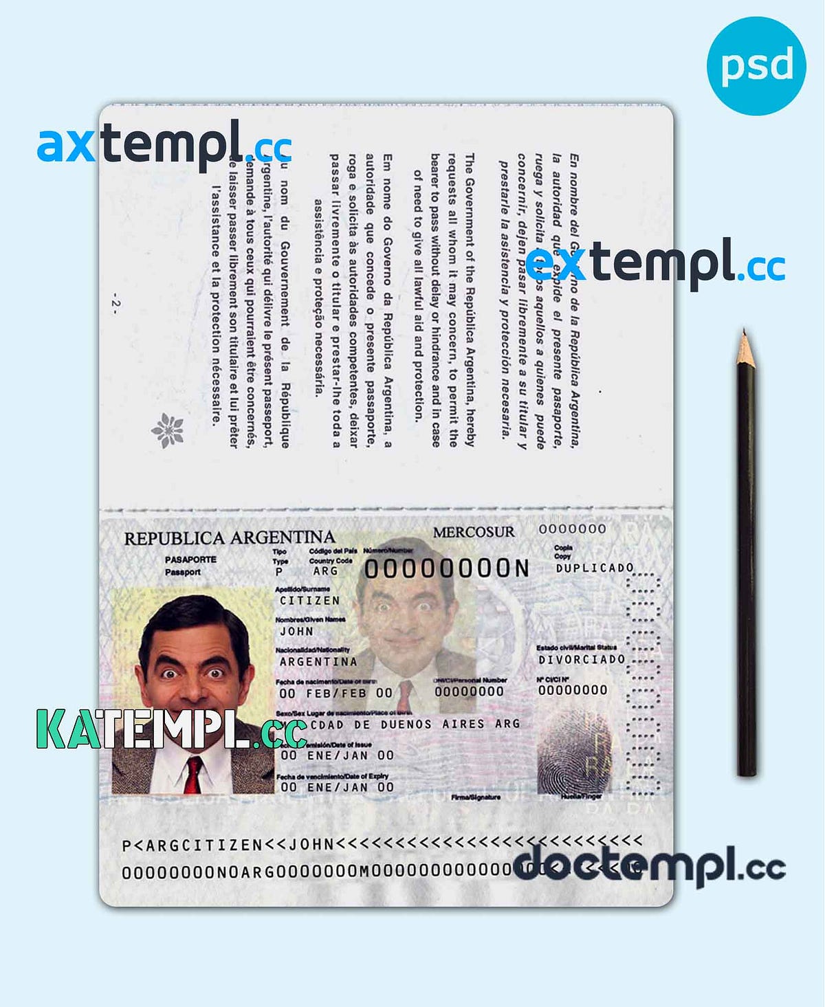 Argentina passport template in PSD format, 2012 — present by Axtempl