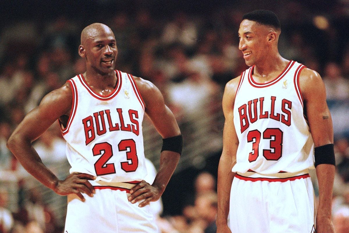 chicago Bulls champion Dennis Rodman Michael Jordan and Scottie