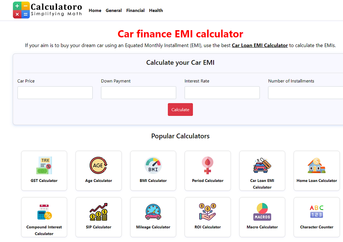 Car finance EMI calculator - Calculatoro - Medium