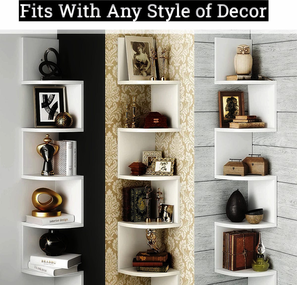 Greenco Corner Shelf Unit Wall Mount 5 Tier Wood Floating Shelves, Easy