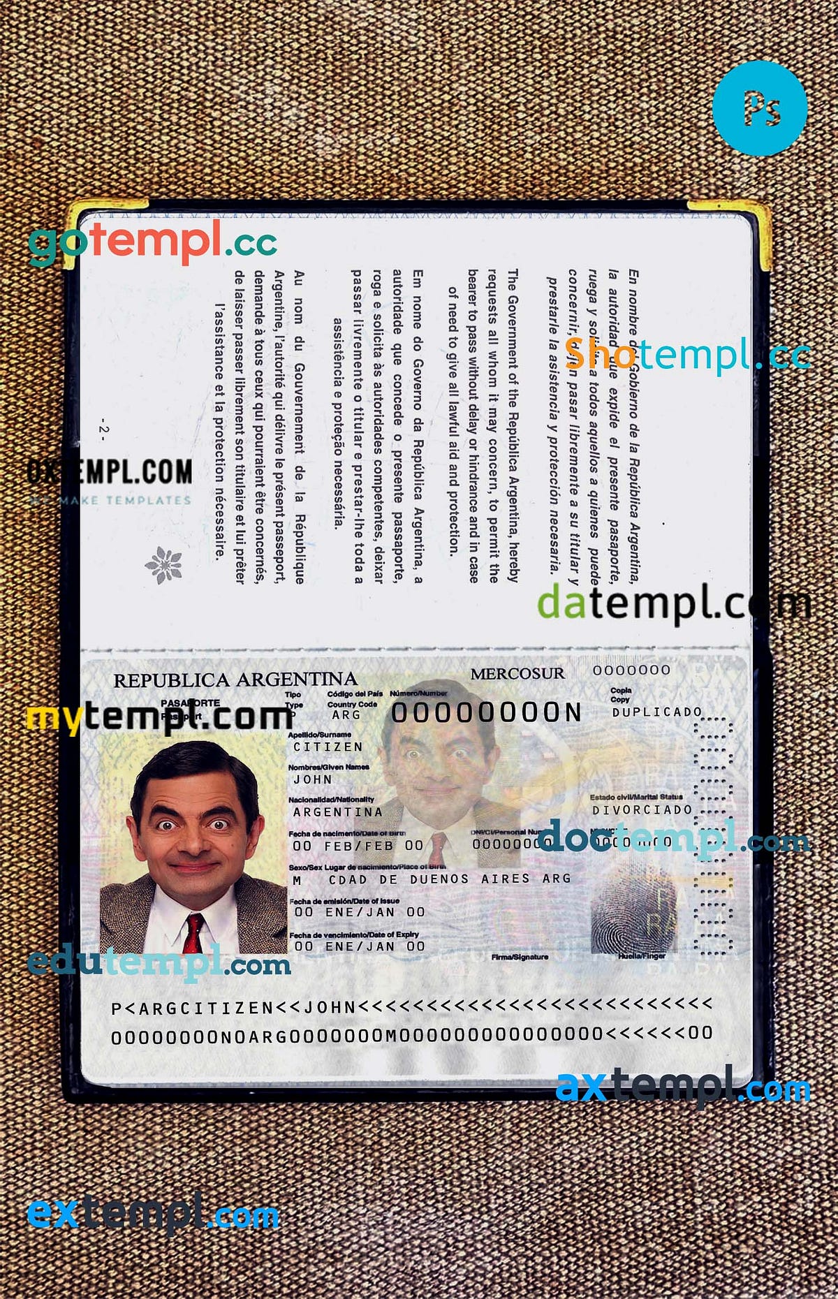 sample Argentina passport editable PSD files, scan and photo taken ...