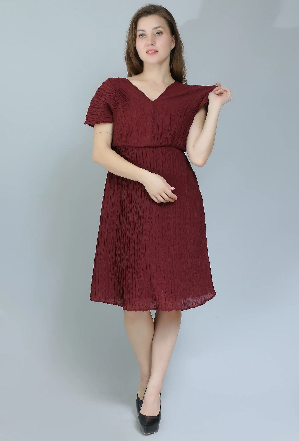 Collar VNeck Pleated Dress Bl