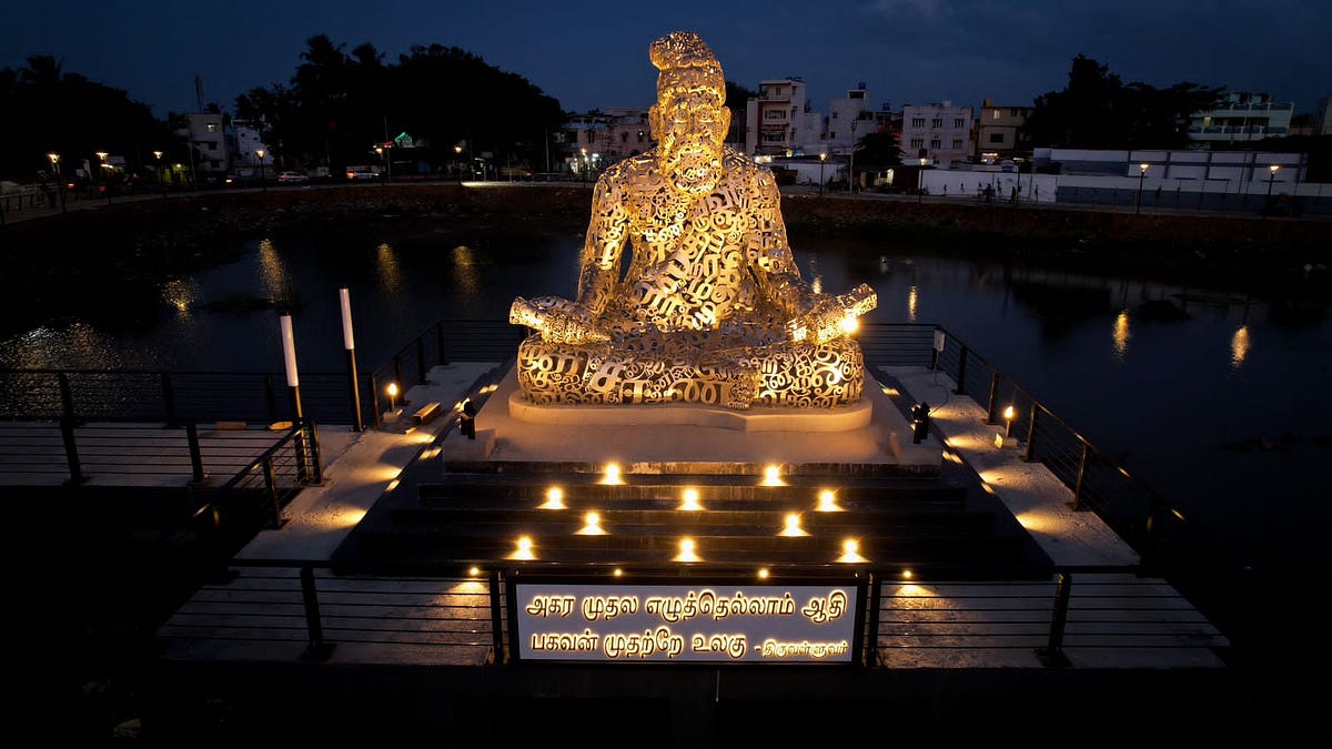 A 20ft Thiruvalluvar statue in Tamil writing that is unique to its