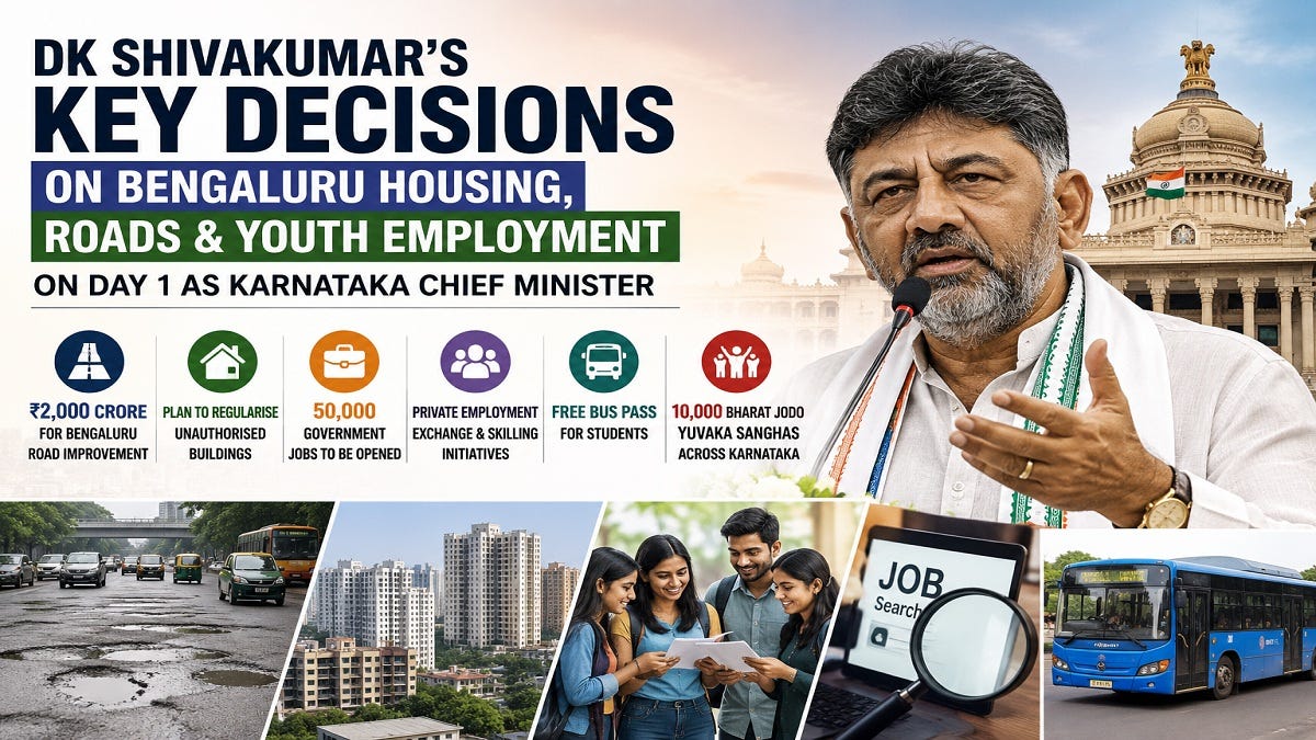 DK Shivakumar Announces Rs 2,000 Crore Road Plan, Housing Relief and 50,000 Jobs on First Day as…