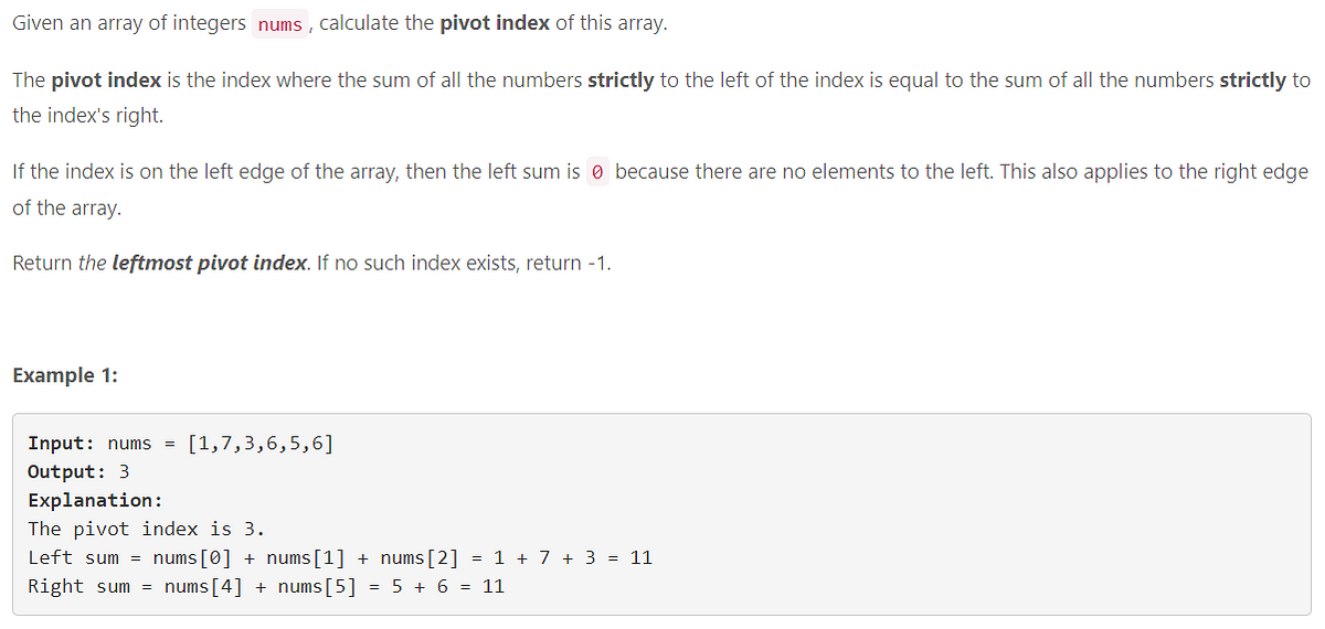 Leetcode find pivot index data structure array and string by