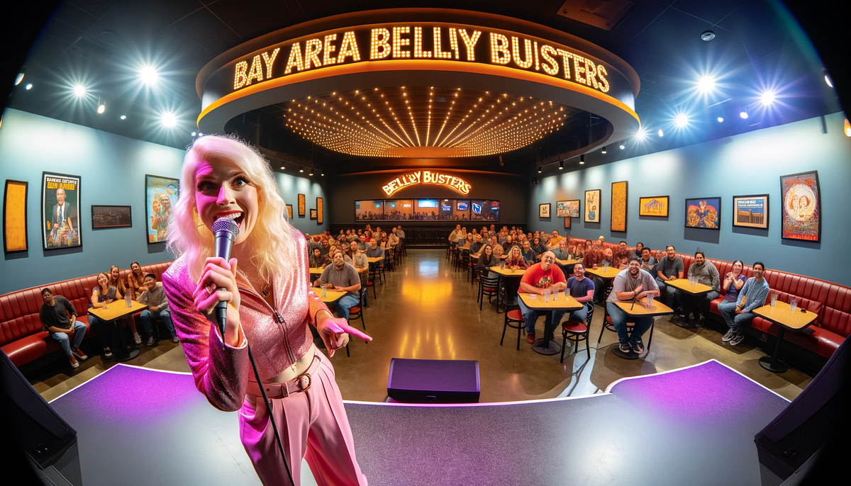 Barbie at San Mateo Comedy Club. 🎤 Barbie’s Standup at Bay Area Belly