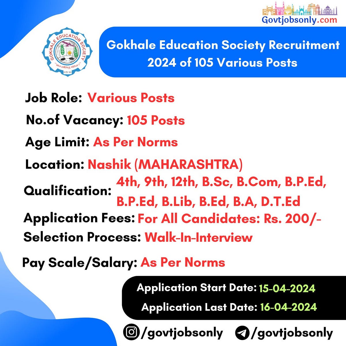 Gokhale Education Society Recruitment 2024 Apply for 105 Posts Govt