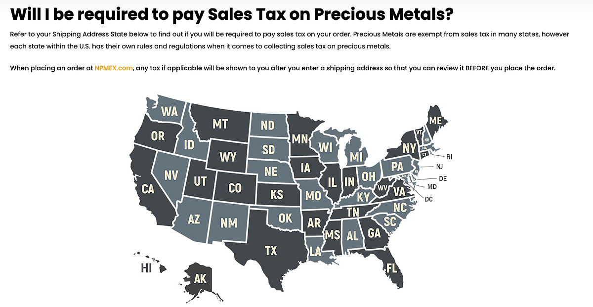 Sales Tax on Gold and Silver Bullion Investments — Gold Tax NPMEX by