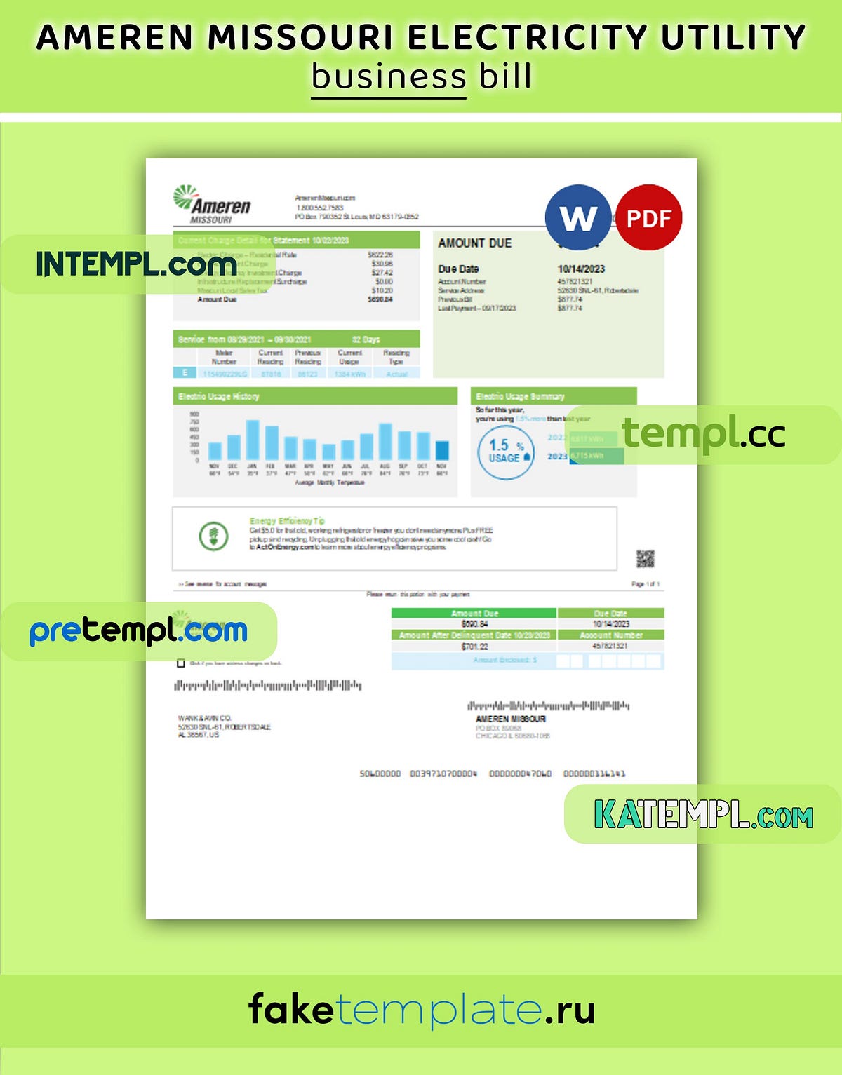 Ameren Missouri electricity utility bill, Word and PDF template by