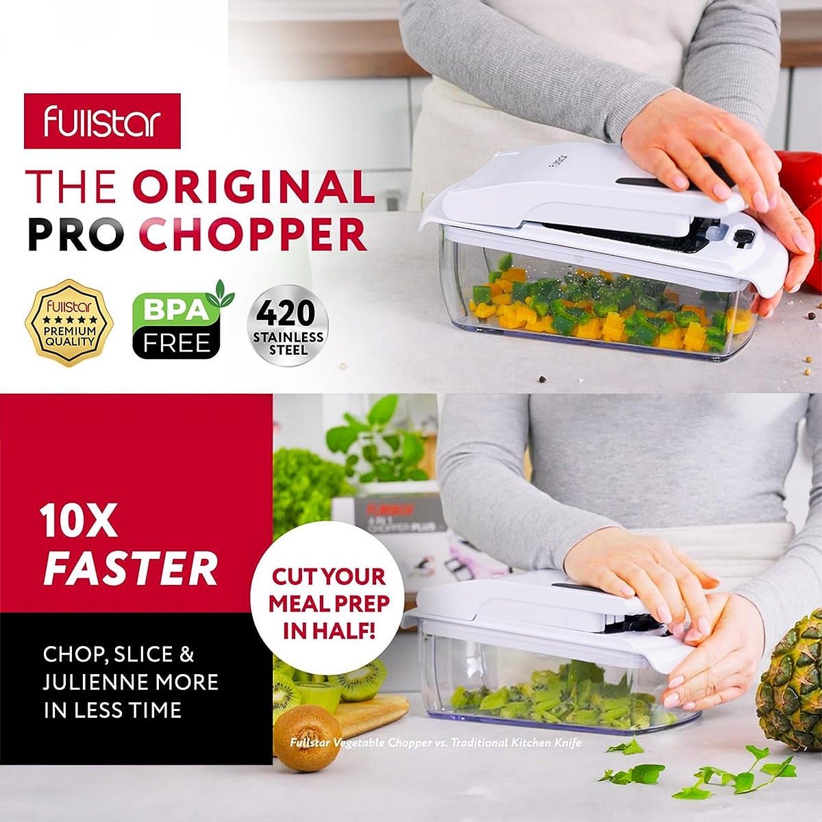 Fullstar Vegetable Chopper - Spiralizer Vegetable Slicer - Onion Chopper  with Container - Pro Food Chopper - Slicer Dicer Cutter - (8 in 1, White)