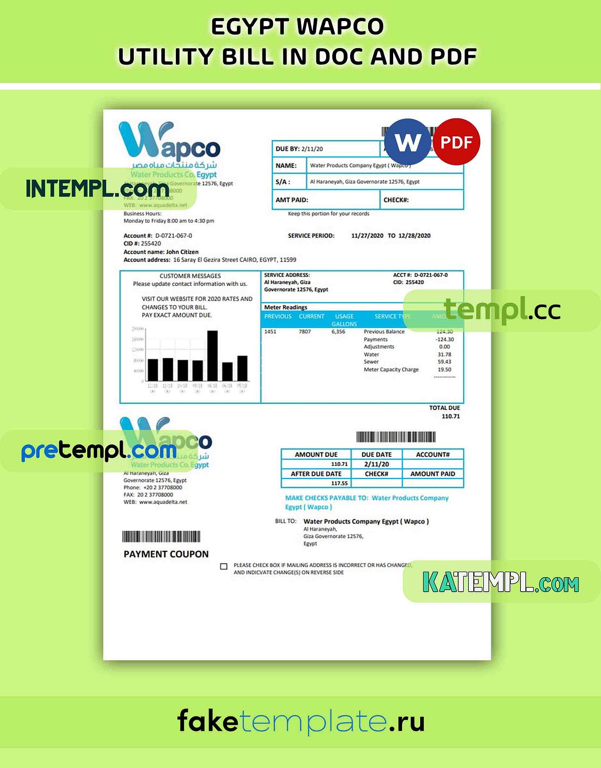 Egypt Water Products Company Egypt (Wapco) utility bill template in