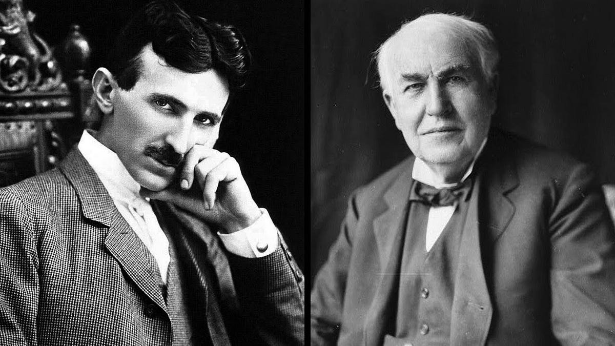 The rivalry between Nikola Tesla and Thomas Edison in the context of energy innovation.