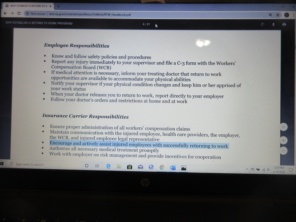 Dear NY FBI, iF Sedgwick Claims has a responsibility to actively assist me in returning to work